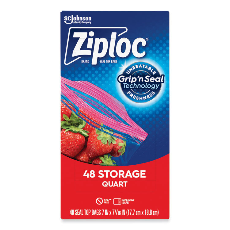Double Zipper Storage Bags, Triple System Seal, Quart, 1.75 mil, 9.63" x 8.5", Clear, 48/Box