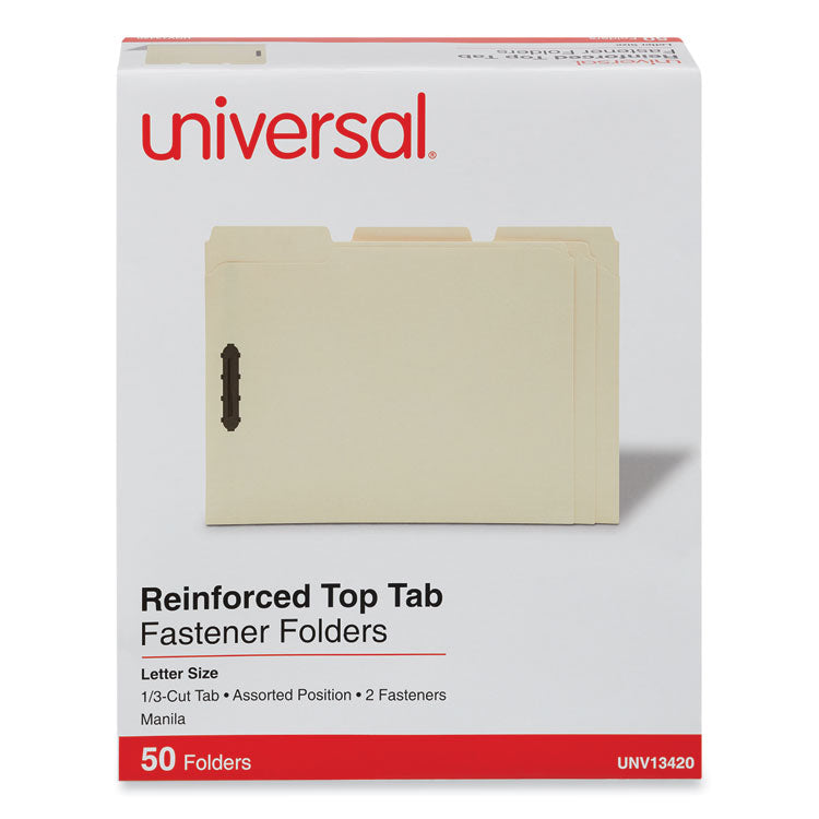 Deluxe Reinforced Top Tab Fastener Folders, 1/3-Cut Tab: Assorted, Expands 0.75", 2 Fasteners, Letter Size, Manila, 50/Box