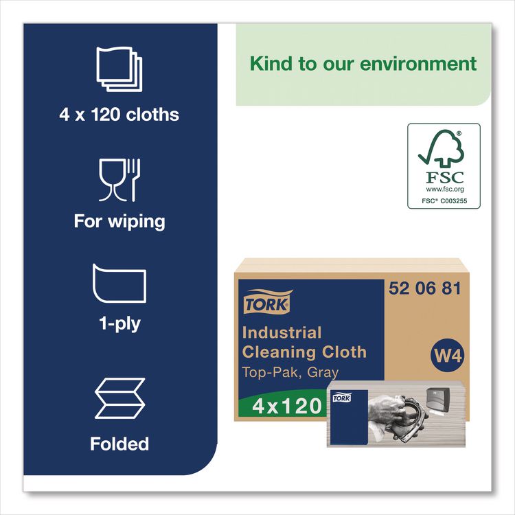 Industrial Cleaning Cloths, 1-Ply, 16.34 x 14, Gray, 120 Wipes/Pack, 4 Packs/Carton