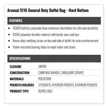 Arsenal 5116 General Duty Gear Bag, 9.5 x 23.5 x 12, Black