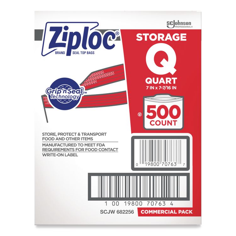 Double Zipper Storage Bags, Quart, 1.75 mil, 7" x 7.75", Clear, 500/Box