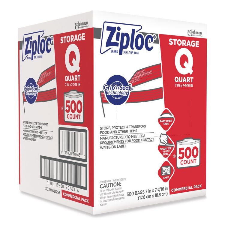 Double Zipper Storage Bags, Quart, 1.75 mil, 7" x 7.75", Clear, 500/Box