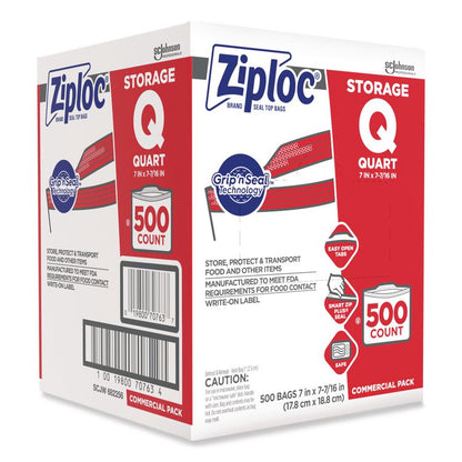 Double Zipper Storage Bags, Quart, 1.75 mil, 7" x 7.75", Clear, 500/Box