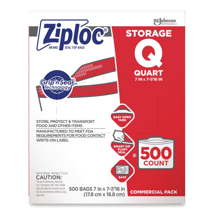 Double Zipper Storage Bags, Quart, 1.75 mil, 7" x 7.75", Clear, 500/Box