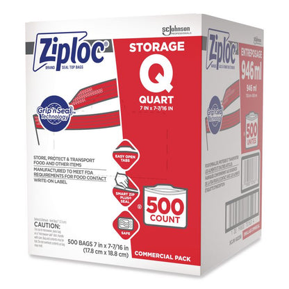 Double Zipper Storage Bags, Quart, 1.75 mil, 7" x 7.75", Clear, 500/Box