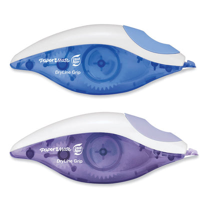 DryLine Grip Correction Tape, Non-Refillable, 0.2" x 27.92 ft, White Tape, Assorted Dispenser Colors, 2/Pack
