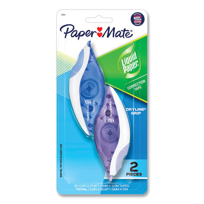 DryLine Grip Correction Tape, Non-Refillable, 0.2" x 27.92 ft, White Tape, Assorted Dispenser Colors, 2/Pack