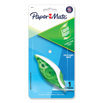 DryLine Grip Correction Tape, Non-Refillable, 0.2" x 27.92 ft, White Tape, Translucent Green/White Dispenser