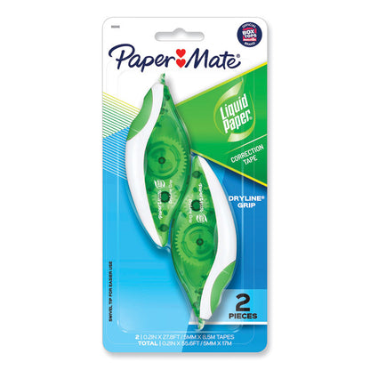 DryLine Grip Correction Tape, Non-Refillable, 0.2" x 27.92 ft, White Tape, Translucent Green/White Dispenser, 2/Pack