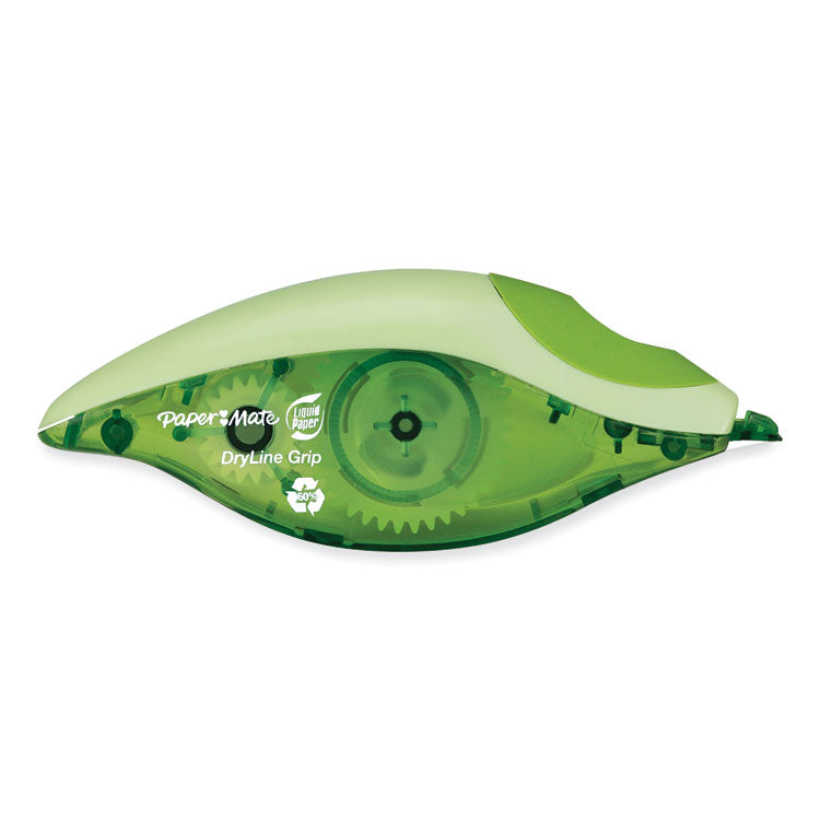 DryLine Grip Correction Tape with Recycled Dispenser, Non-Refillable, 0.2" x 27.92 ft, Translucent Green Dispenser, 2/Pack