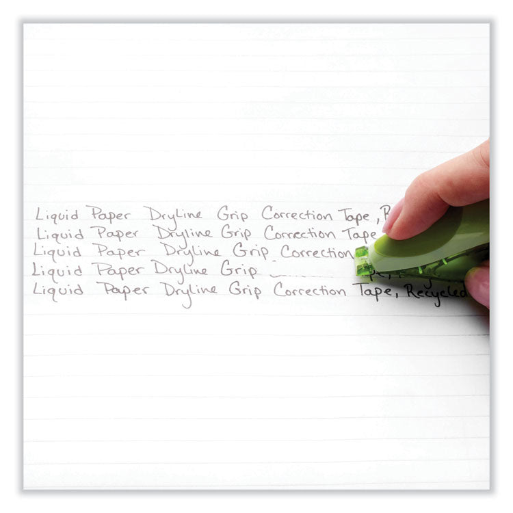 DryLine Grip Correction Tape with Recycled Dispenser, Non-Refillable, 0.2" x 27.92 ft, Translucent Green Dispenser, 2/Pack