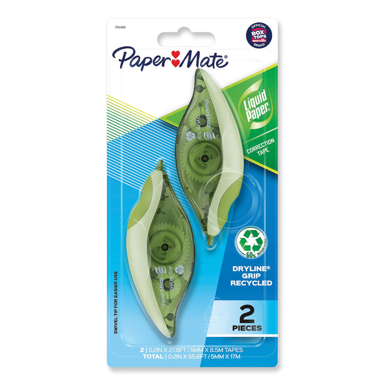 DryLine Grip Correction Tape with Recycled Dispenser, Non-Refillable, 0.2" x 27.92 ft, Translucent Green Dispenser, 2/Pack