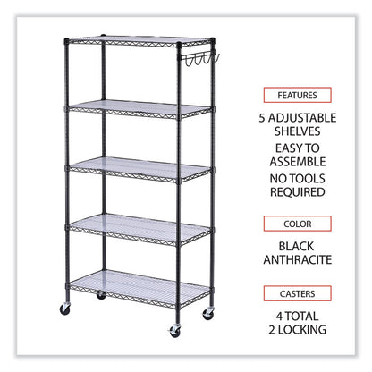 5-Shelf Wire Shelving Kit with Casters and Shelf Liners, 36w x 18d x 72h, Black Anthracite