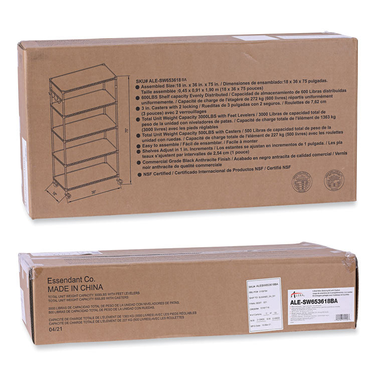 5-Shelf Wire Shelving Kit with Casters and Shelf Liners, 36w x 18d x 72h, Black Anthracite