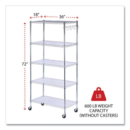 5-Shelf Wire Shelving Kit with Casters and Shelf Liners, 36w x 18d x 72h, Silver
