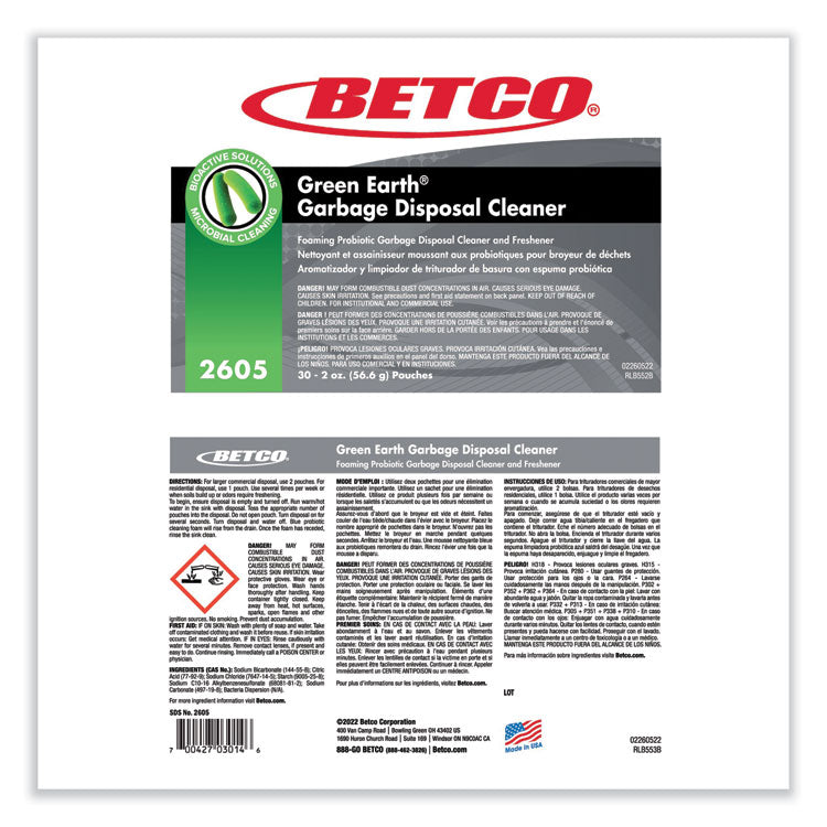 Green Earth Garbage Disposal Cleaner, 2 oz Packet, 30/Carton