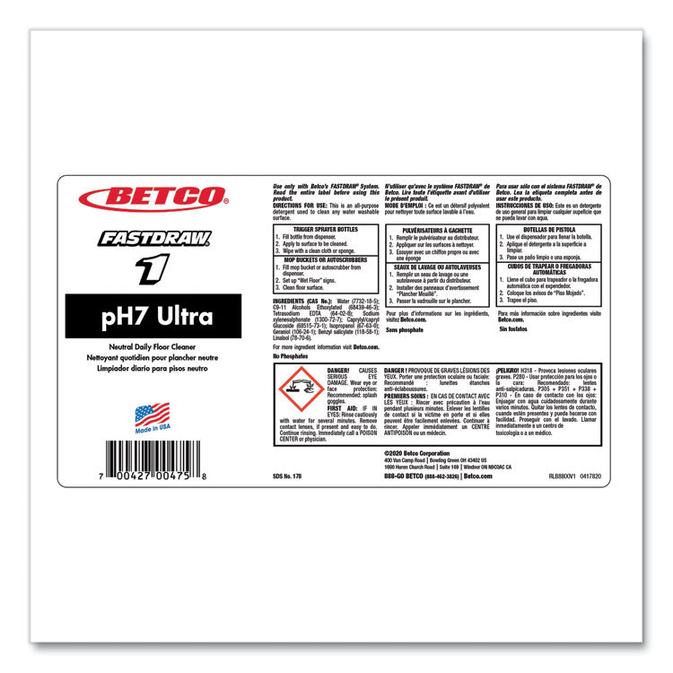 pH7 Ultra Neutral FastDraw Cleaner, Lemon Scent, 2 L Bottle, 4/Carton