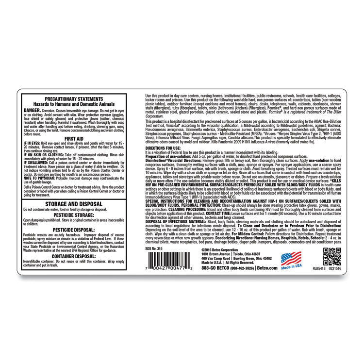 AF315 FastDraw Disinfectant Cleaner, Citrus Floral Scent, 2 L Bottle, 4/Carton