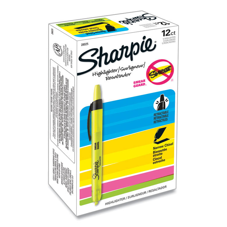 Retractable Highlighters, Fluorescent Yellow Ink, Chisel Tip, Yellow/Black Barrel, Dozen
