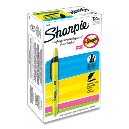 Retractable Highlighters, Fluorescent Yellow Ink, Chisel Tip, Yellow/Black Barrel, Dozen