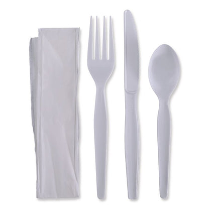 Four-Piece Cutlery Kit, Heavyweight, Fork/Knife/Napkin/Spoon, Plastic, White, 250/Carton