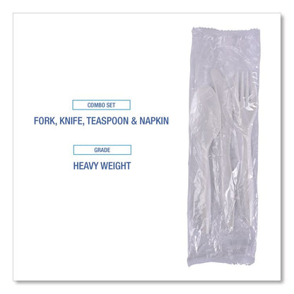Four-Piece Cutlery Kit, Heavyweight, Fork/Knife/Napkin/Spoon, Plastic, White, 250/Carton