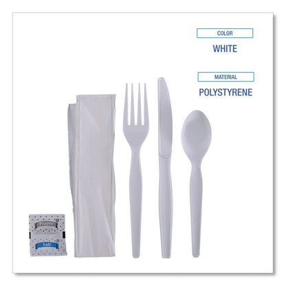 Six-Piece Cutlery Kit, Heavyweight, Fork/Knife/Napkin/Pepper/Salt/Spoon, Plastic, White, 250/Carton