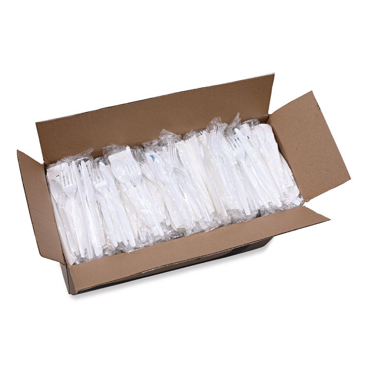 Six-Piece Cutlery Kit, Heavyweight, Fork/Knife/Napkin/Pepper/Salt/Spoon, Plastic, White, 250/Carton