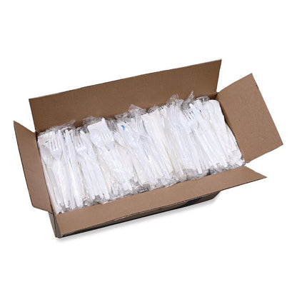 Six-Piece Cutlery Kit, Heavyweight, Fork/Knife/Napkin/Pepper/Salt/Spoon, Plastic, White, 250/Carton