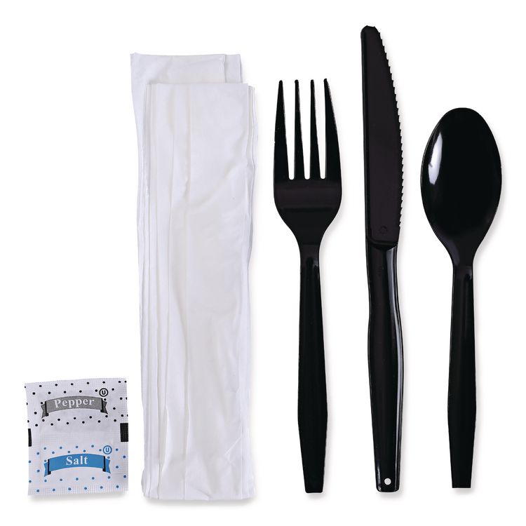 Six-Piece Cutlery Kit, Mediumweight, Fork/Knife/Napkin/Pepper/Salt/Spoon, Plastic, Black, 250/Carton