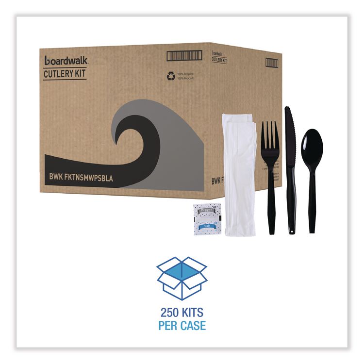 Six-Piece Cutlery Kit, Mediumweight, Fork/Knife/Napkin/Pepper/Salt/Spoon, Plastic, Black, 250/Carton