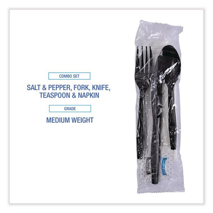 Six-Piece Cutlery Kit, Mediumweight, Fork/Knife/Napkin/Pepper/Salt/Spoon, Plastic, Black, 250/Carton