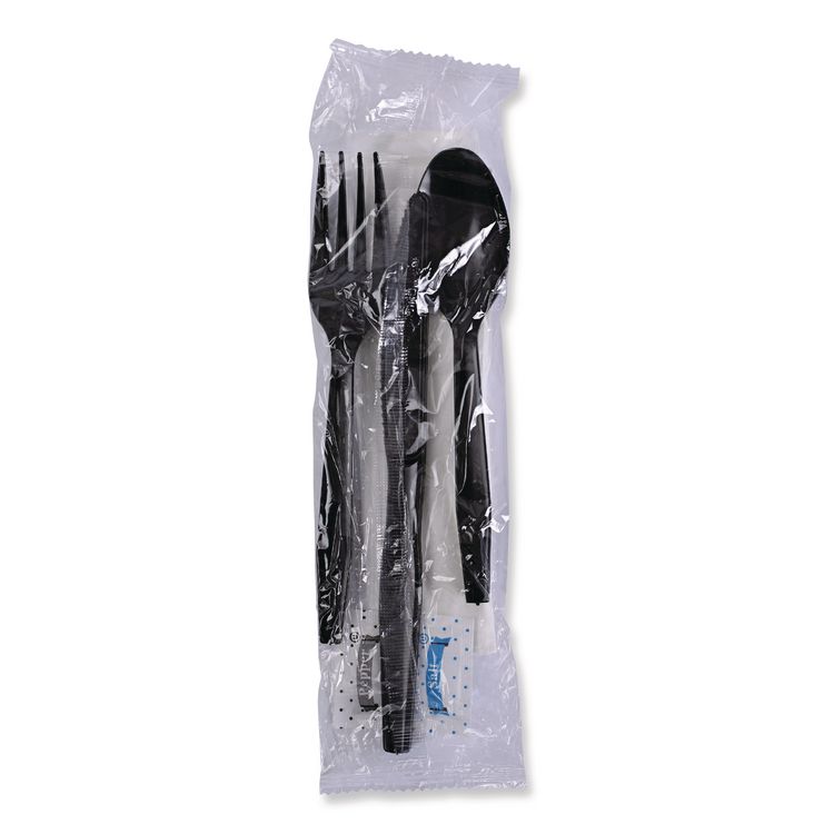 Six-Piece Cutlery Kit, Mediumweight, Fork/Knife/Napkin/Pepper/Salt/Spoon, Plastic, Black, 250/Carton