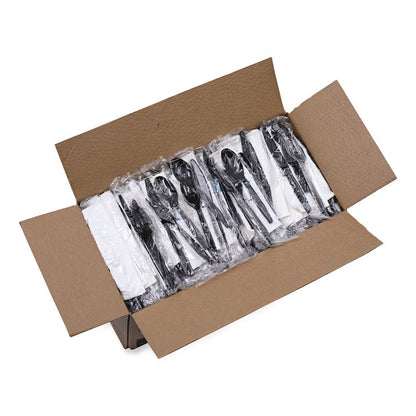 Six-Piece Cutlery Kit, Mediumweight, Fork/Knife/Napkin/Pepper/Salt/Spoon, Plastic, Black, 250/Carton