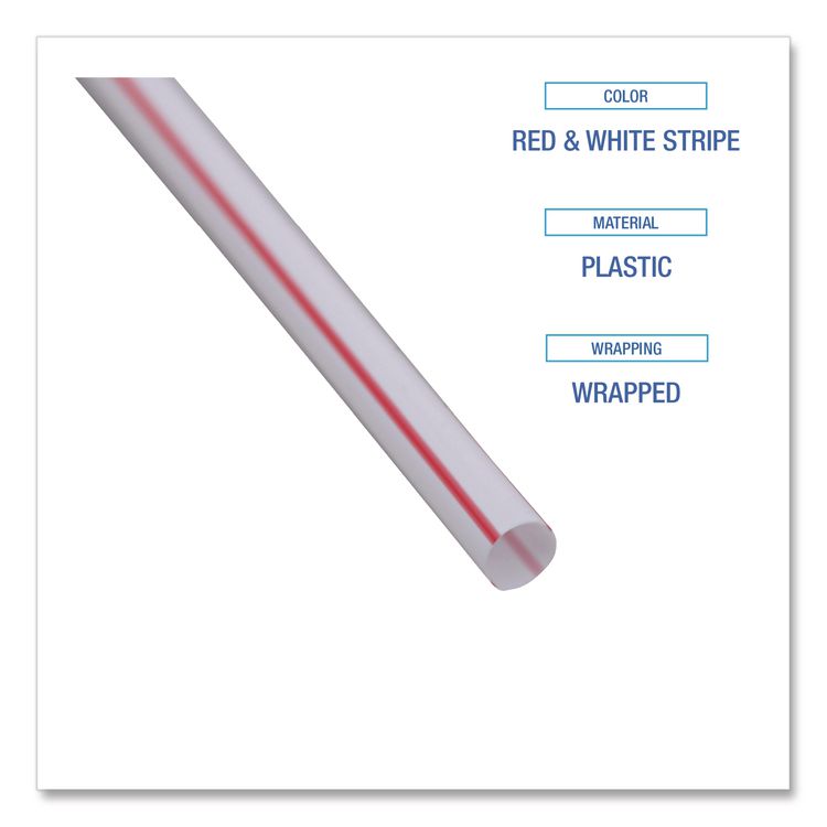 Wrapped Jumbo Straws, 7.75", Plastic, White/Red Stripe, 400/Pack, 25 Packs/Carton