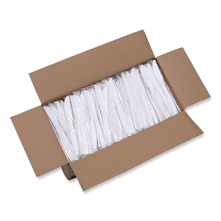 Heavyweight Wrapped Polypropylene Cutlery, Knife, Plastic, White, 1,000/Carton