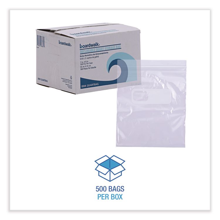 Reclosable Food Storage Bags, Quart, 1.75 mil, 7" x 8", Clear, 500/Box