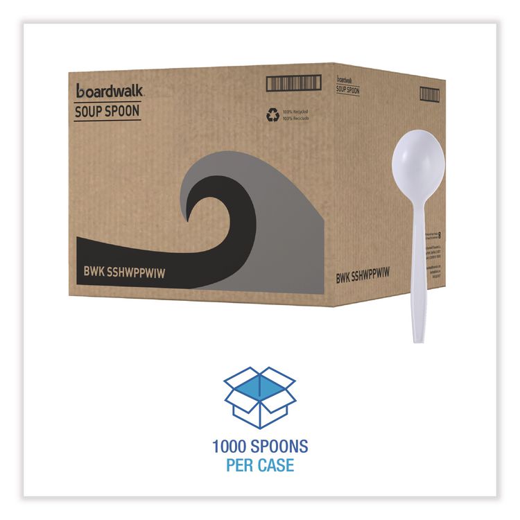 Heavyweight Wrapped Polypropylene Cutlery, Soup Spoon, Plastic, White, 1,000/Carton