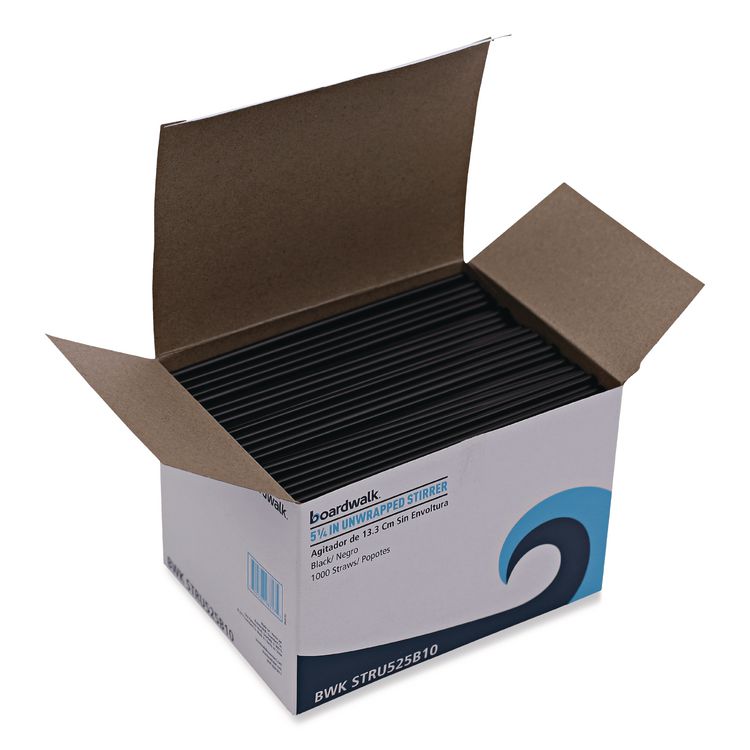 Single-Tube Stir-Straws, 5.25", Polypropylene, Black, 1,000/Pack, 10 Packs/Carton