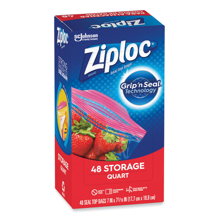 Double Zipper Storage Bags, Triple System Seal, Quart, 1,75 mil, 9.63" x 8.5", Clear, 9/Carton