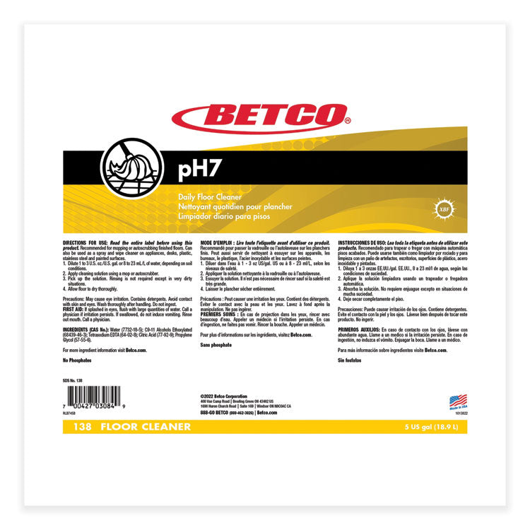 pH7 Floor Cleaner, Lemon Scent, 5 gal Bag-in-Box