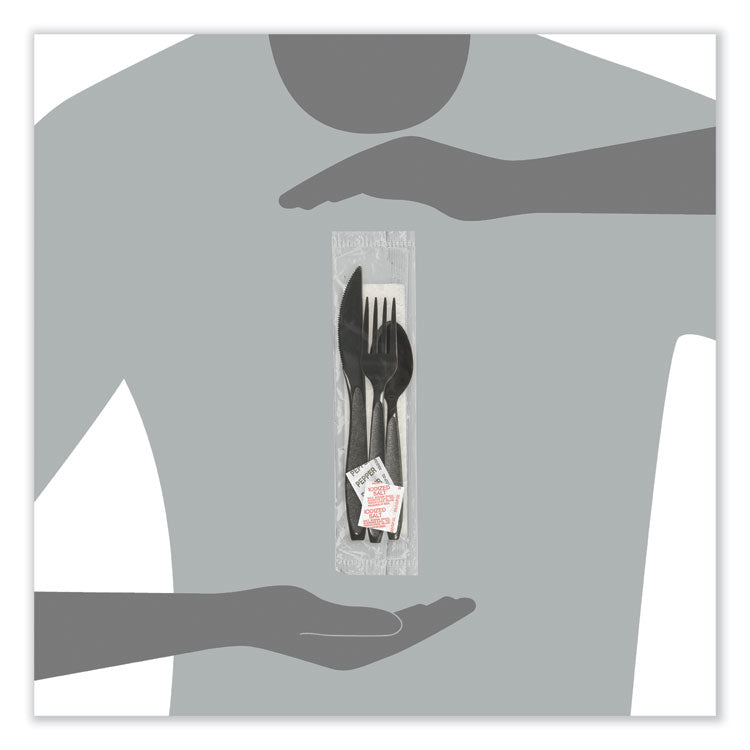 Impress Heavyweight Full-Length Polystyrene Cutlery Kit, Fork/Knife/Napkin/Pepper/Salt/Spoon, Plastic, Black, 750/Carton