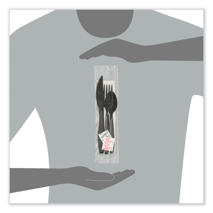 Impress Heavyweight Full-Length Polystyrene Cutlery Kit, Fork/Knife/Napkin/Pepper/Salt/Spoon, Plastic, Black, 750/Carton
