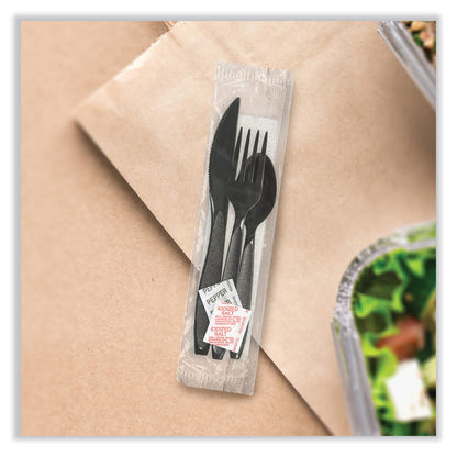 Impress Heavyweight Full-Length Polystyrene Cutlery Kit, Fork/Knife/Napkin/Pepper/Salt/Spoon, Plastic, Black, 750/Carton
