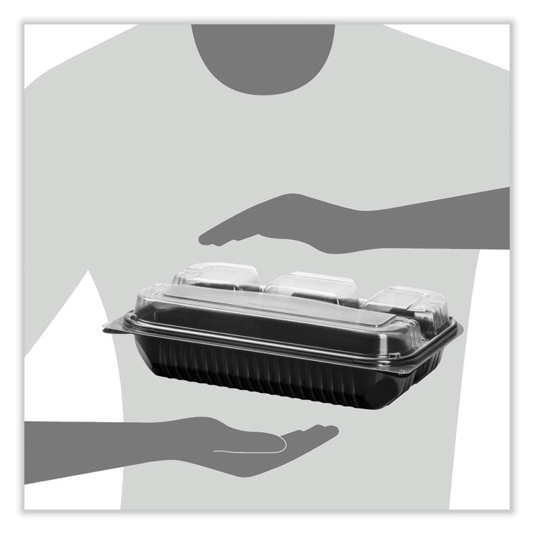 Creative Carryouts Hinged Plastic Hot Deli Boxes, 4 Compartments, 8.05 x 11.5 x 2.95, Black/Clear, 100/Carton