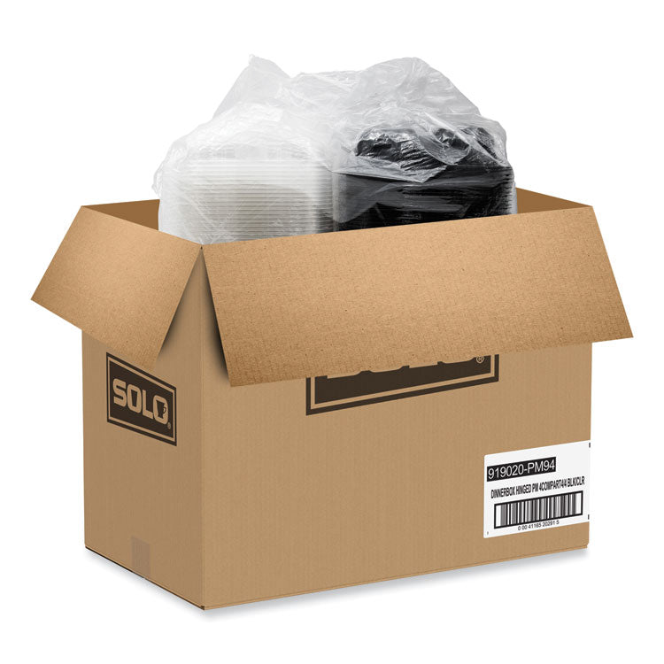 Creative Carryouts Hinged Plastic Hot Deli Boxes, 4 Compartments, 8.05 x 11.5 x 2.95, Black/Clear, 100/Carton