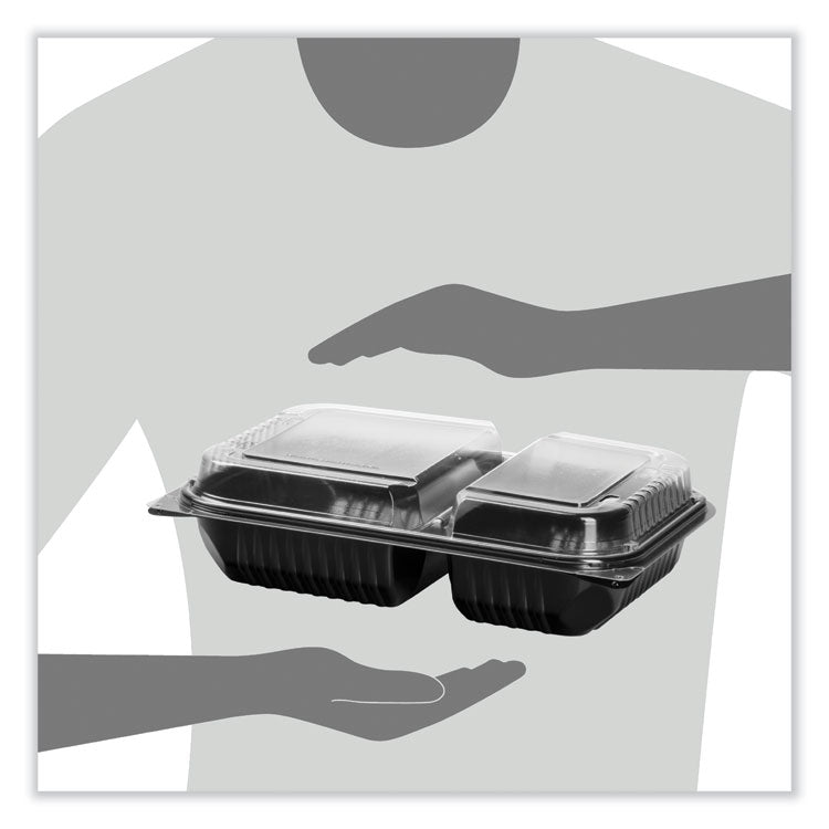 Creative Carryouts Hinged Plastic Hot Deli Boxes, 2 Compartments, 8.05 x 11.5 x 2.95, Black/Clear, 100/Carton