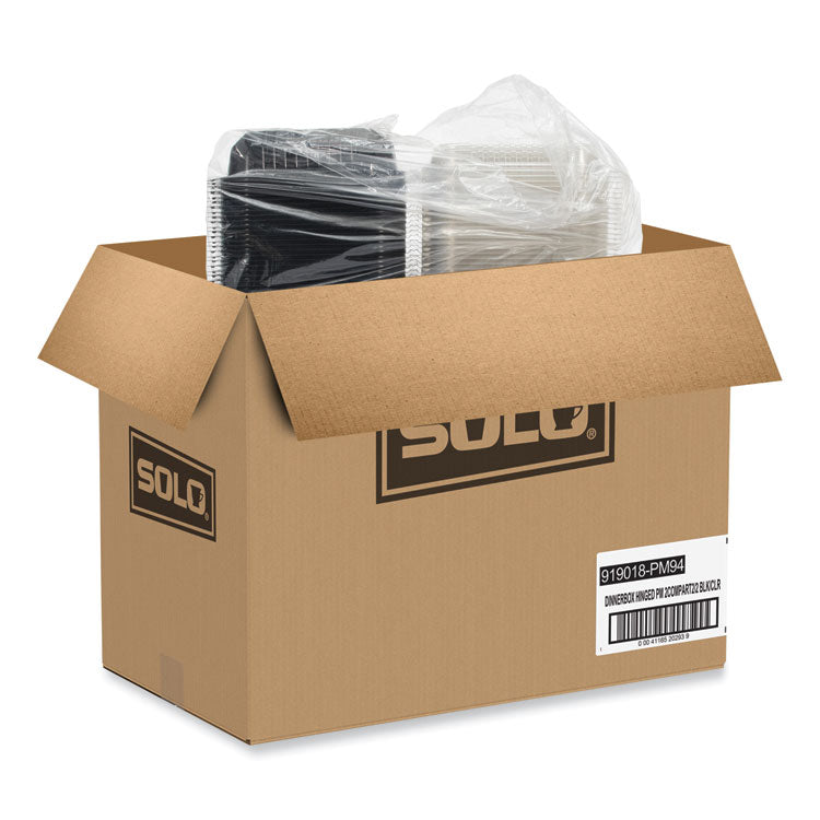 Creative Carryouts Hinged Plastic Hot Deli Boxes, 2 Compartments, 8.05 x 11.5 x 2.95, Black/Clear, 100/Carton