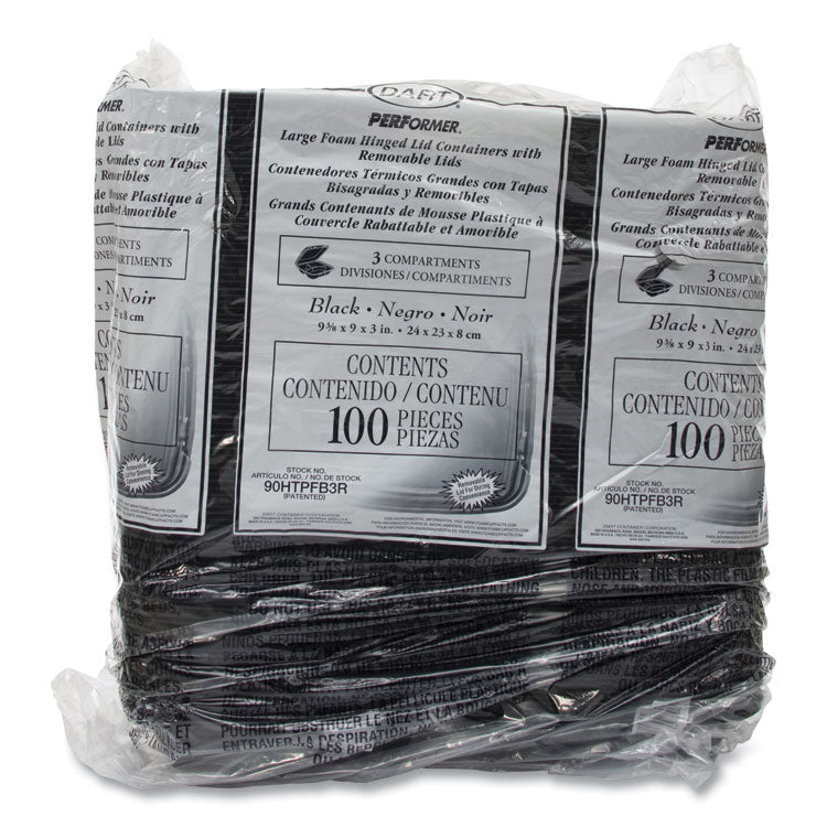 Insulated Foam Hinged Lid Containers, 3 Compartments, 9.01" x 9.4" x 3.1", Black, 200/Carton