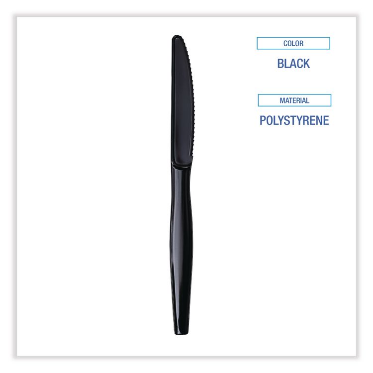 Heavyweight Wrapped Polystyrene Cutlery, Knife, Plastic, Black, 1,000/Carton